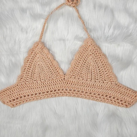 Handmade Tops - Knit Crochet Halter Top Summer Peach Beachy Boho Festival Rave Scalloped‎